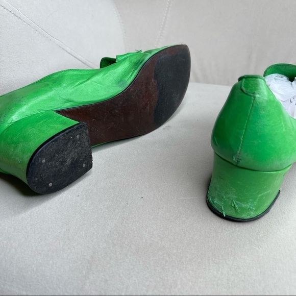Vintage 70's Marcia Hill Bright Green Leather Shoes Mules Block Heel Sz 7 Spain - Picture 5 of 5